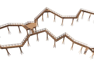 Winding Elevated Wooden Boardwalk With Railings And Support Structures In Natural Setting 3d model