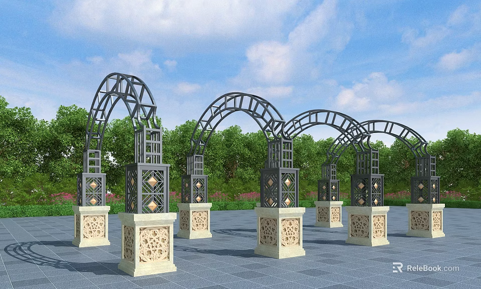 Ornate Metal Pergolas With Arched Design Carved Stone Bases Green Trees Blue Sky 3d model 
