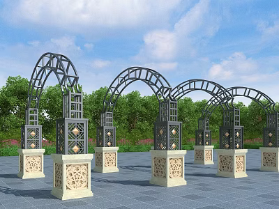 Ornate Metal Pergolas With Arched Design Carved Stone Bases Green Trees Blue Sky 3d model