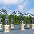 Ornate Metal Pergolas With Arched Design Carved Stone Bases Green Trees Blue Sky