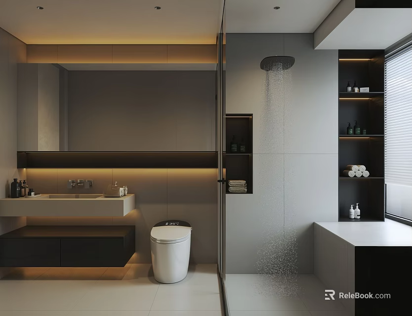 Modern Bathroom Interior With Glass Shower Vanity Toilet And Storage Cabinets 3d model 