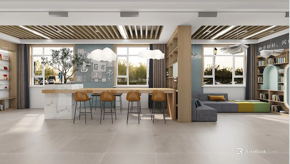 Book Art Decorated Modern Interior With Large Windows Sofa Bar Counter And Decorative Paintings 3d model 