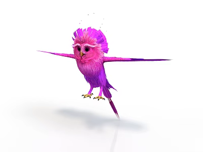 Adorable pink and purple bird with fluffy plumage spreads wings in vibrant pose 3d model