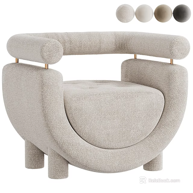Elegant Modern Single Sofa With Rounded Bouclé Upholstery And Gold Metal Accents 3d model 
