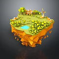 3D Illustration of Floating Island with House Trees and Small Pond