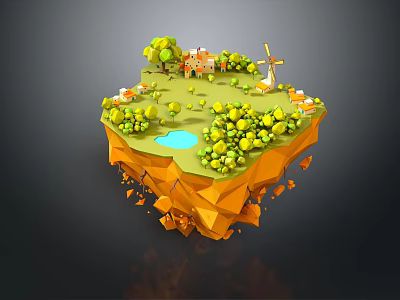 3D Illustration of Floating Island with House Trees and Small Pond 3d model