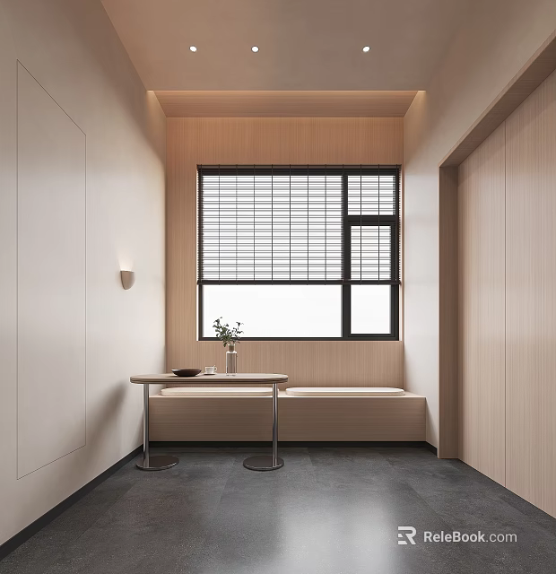 Minimalist Interior With Grid Window Table And Bench 3d model
