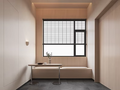 Minimalist Interior With Grid Window Table And Bench 3d model