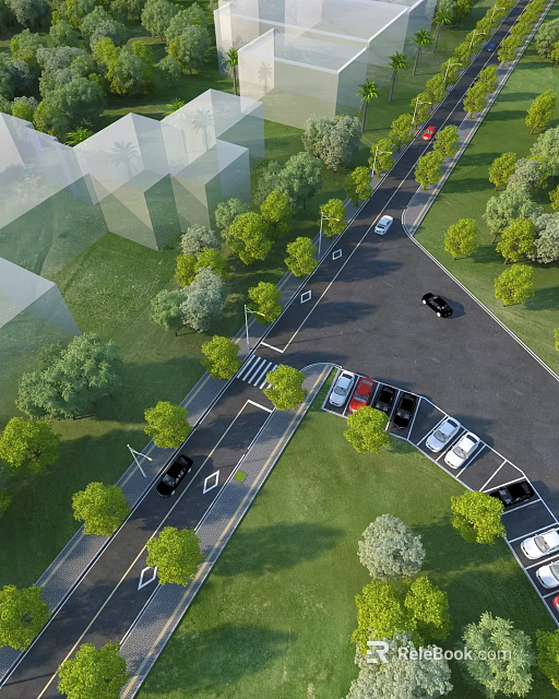 Municipal Road Featuring Green Trees Parking Lot Zebra Crossing and Vehicles 3d model 