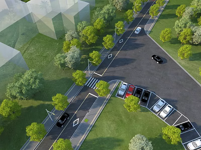 Municipal Road Featuring Green Trees Parking Lot Zebra Crossing and Vehicles 3d model