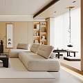 Modern Living Room Interior With Beige Sofa Black Coffee Table Wooden Walls And Bookshelves