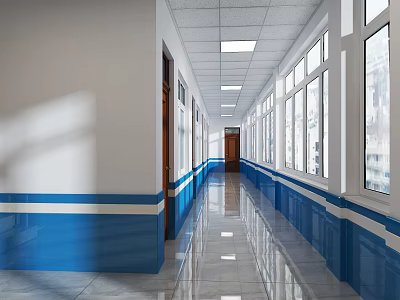 Office Corridor With White Walls Blue Waistline Long Windows Shiny Floor And Lighting 3d model