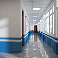 Office Corridor With White Walls Blue Waistline Long Windows Shiny Floor And Lighting