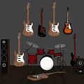 Electric and Acoustic Guitars with Red Drum Set and Speakers in Music Room