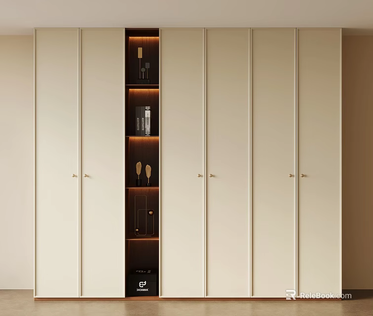 Modern Light Beige Wardrobe With Panel Doors And Built in Lighting Open Shelf 3d model 