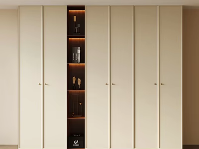 Modern Light Beige Wardrobe With Panel Doors And Built in Lighting Open Shelf 3d model