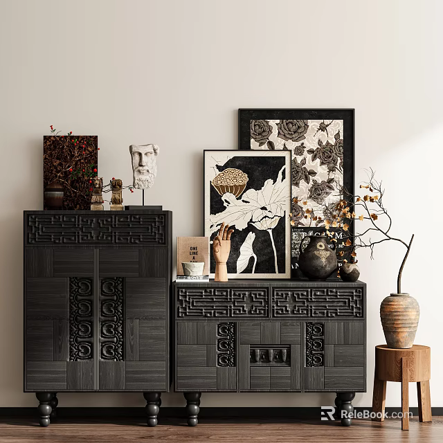 Chinese Style Dark Wooden Entryway and Side Cabinets with Carved Details and Decorative Items 3d model 