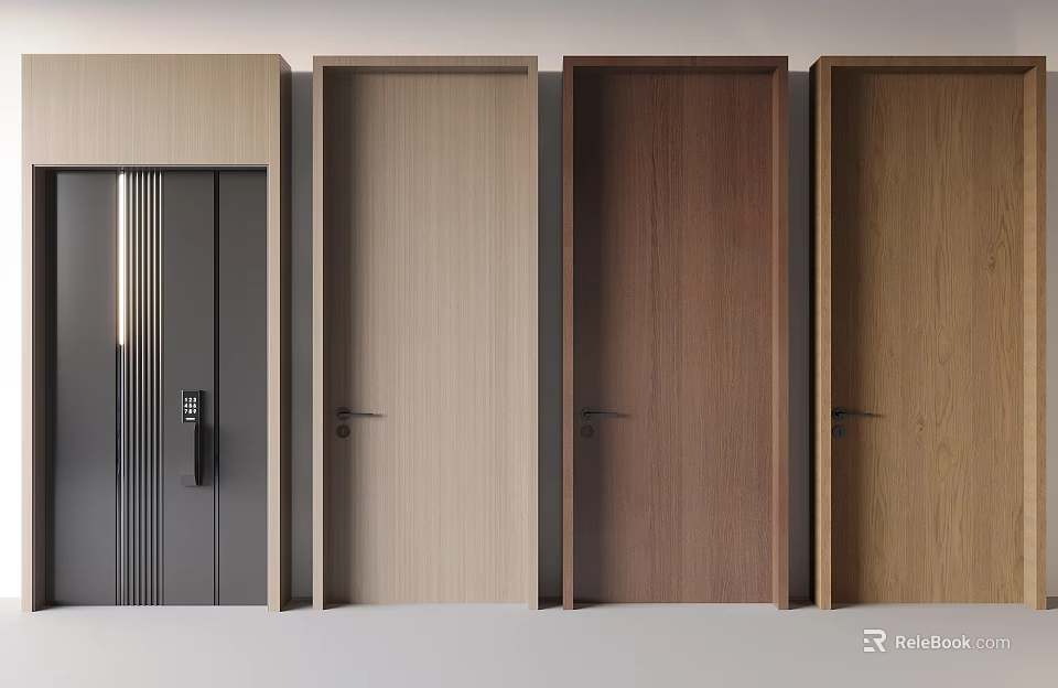 Modern Hinged Doors In Various Wood Tones And Dark Gray With Sleek Handles 3d model 