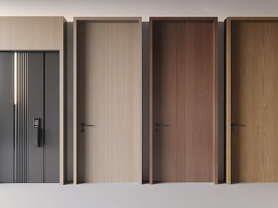 Modern Hinged Doors In Various Wood Tones And Dark Gray With Sleek Handles 3d model