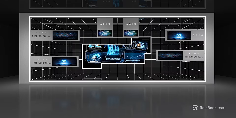 Futuristic Digital Background Wall With Grid Pattern Multiple Screens And Blue Interfaces 3d model 