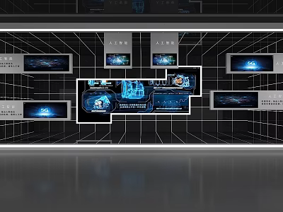 Futuristic Digital Background Wall With Grid Pattern Multiple Screens And Blue Interfaces 3d model