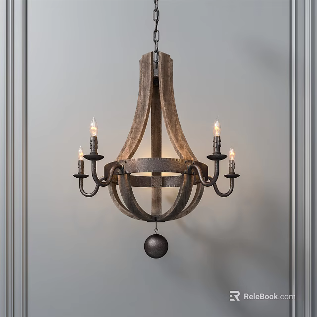 Vintage Rustic Wooden And Metal Chandelier With Candle Style Arms And Spherical Pendant 3d model 