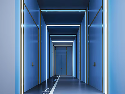 Modern Blue Elevator Hallway With LED Strip Lights Gold Handles Dark Floor And White Lines 3d model