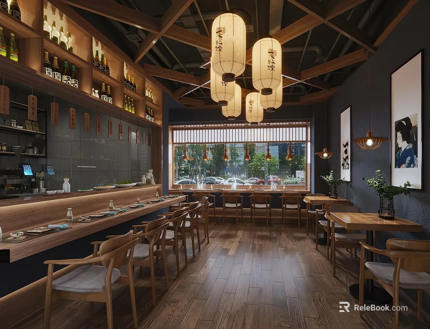 Traditional Japanese Restaurant Interior With Wooden Bar Counter Dining Tables Lantern Lights And Decorative Paintings 3d model 