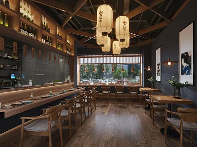 Traditional Japanese Restaurant Interior With Wooden Bar Counter Dining Tables Lantern Lights And Decorative Paintings 3d model