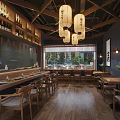 Traditional Japanese Restaurant Interior With Wooden Bar Counter Dining Tables Lantern Lights And Decorative Paintings