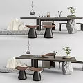 Modern Tea Table And Chairs With Tea Set Green Plant And Mountain Shaped Decoration
