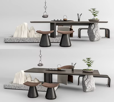 Modern Tea Table And Chairs With Tea Set Green Plant And Mountain Shaped Decoration 3d model