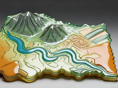 Detailed Sand Table Model Featuring Green Mountains Winding Blue River And Colorful Terrain 3d model