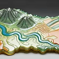 Detailed Sand Table Model Featuring Green Mountains Winding Blue River And Colorful Terrain