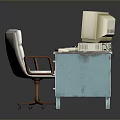 Vintage Office Desk Setup With Old Computer Red Telephone And Chair