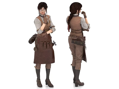 Woman In Brown Apron With Tool Belt Tools Long Sleeve Shirt Boots Braid And Glasses 3d model