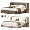 Modern Upholstered Double Bed With Soft Pillows Throw Blanket Wooden Side Table And Color Options