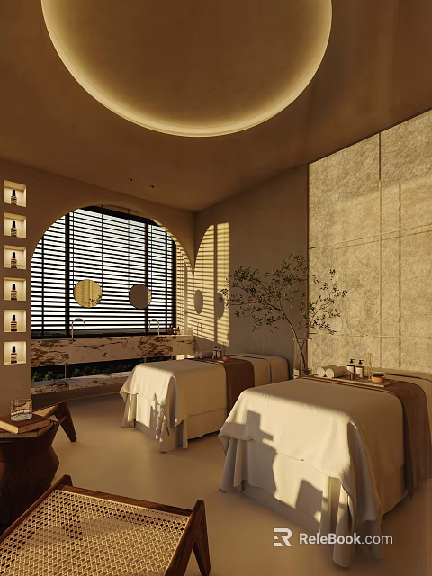 Serene Beauty Hair Salon Interior With Comfortable Treatment Beds Natural Light And Potted Plants 3d model 