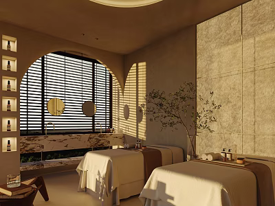 Serene Beauty Hair Salon Interior With Comfortable Treatment Beds Natural Light And Potted Plants 3d model
