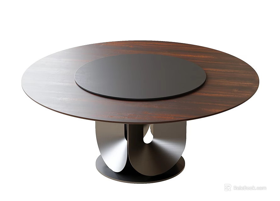 Round Wooden Dining Table With Black Lazy Susan And Modern Metal Base 3d model 