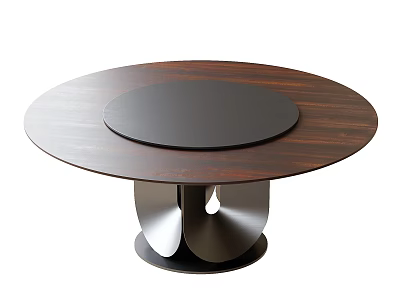 Round Wooden Dining Table With Black Lazy Susan And Modern Metal Base 3d model