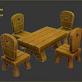 Natural Wooden Dining Table And Four Chairs With Simple Design And Round Back Holes