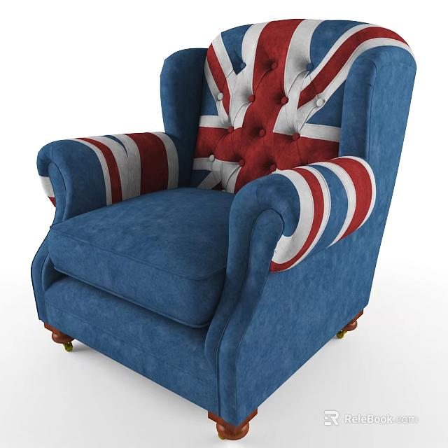 Blue Single Sofa With Union Jack Pattern Button Tufted And Wooden Legs 3d model