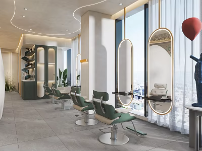 Modern Hair Salon Interior Design with Green Styling Chairs Large Mirrors Floor-to-Ceiling Windows and Plants 3d model