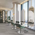 Modern Hair Salon Interior Design with Green Styling Chairs Large Mirrors Floor-to-Ceiling Windows and Plants