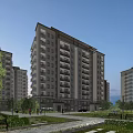 Modern High Rise Residential Building with Green Landscaping and Pedestrian Area