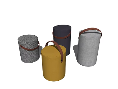 Stylish Fabric Ottoman Poufs with Gray Navy Blue Yellow Colors and Leather Handles 3d model