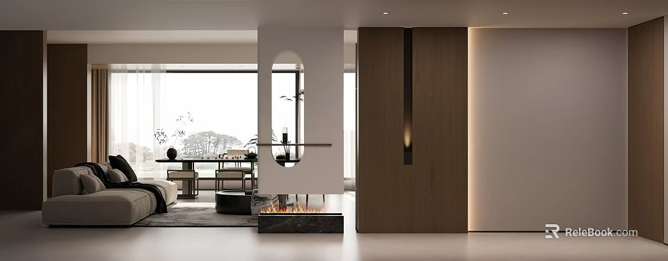 Modern Living and Dining Room Interior Design With Fireplace Oval Mirror And Wooden Partition 3d model 