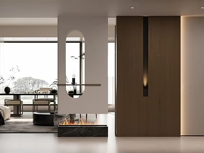 Modern Living and Dining Room Interior Design With Fireplace Oval Mirror And Wooden Partition 3d model