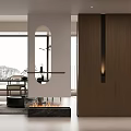 Modern Living and Dining Room Interior Design With Fireplace Oval Mirror And Wooden Partition